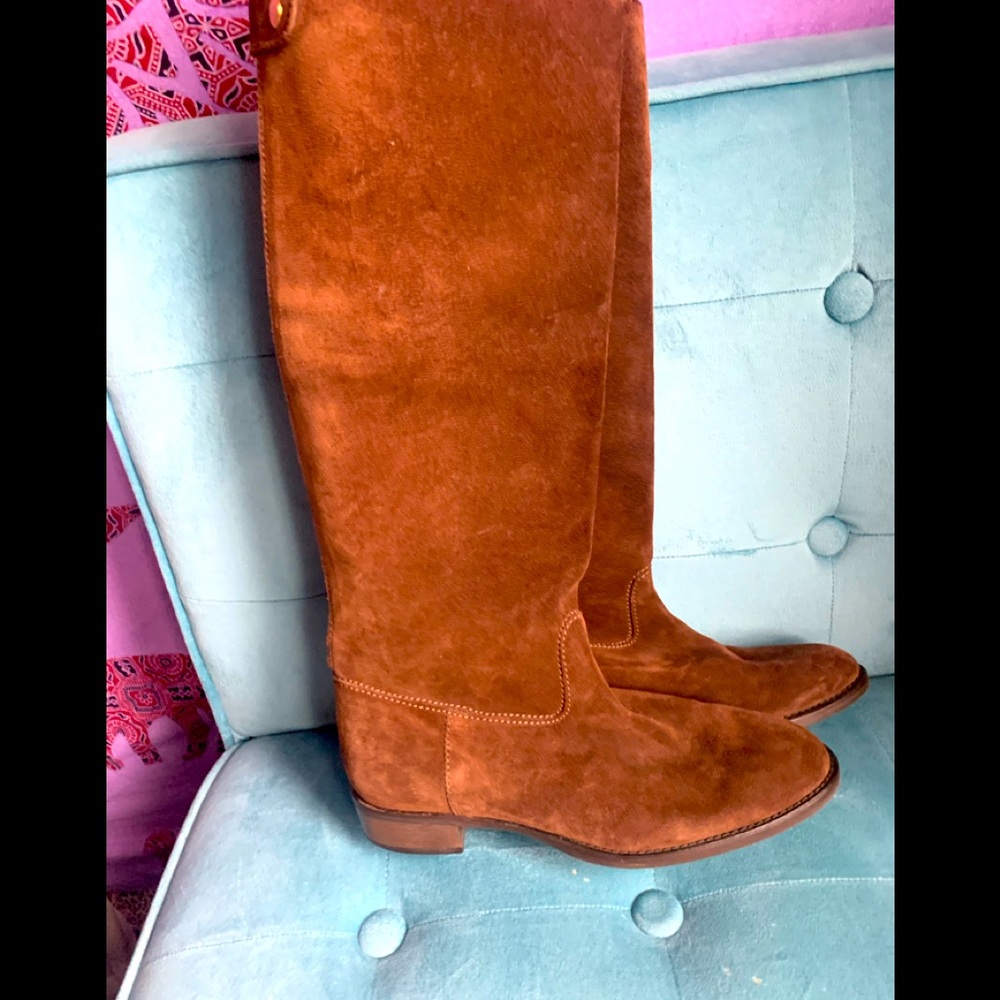 J. Crew knee high brown suede rear zip up boots size 7.5.  Low heal.